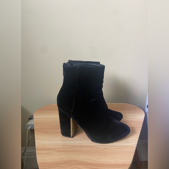 Velvet material black high heel booties. - Picture 4 of 5